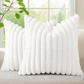 decorUhome Faux Fur Christmas Throw Pillow Covers 20x20 Set of 2, Decorative Soft Plush Striped Neutral Couch Euro Pillow Covers with Velvet Back for Sofa, Bed, Living Room Home Decor, White