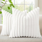 decorUhome Faux Fur Christmas Throw Pillow Covers 16x16 Set of 2, Decorative Soft Plush Striped Neutral Couch Euro Pillow Covers with Velvet Back for Sofa, Bed, Living Room Home Decor, White