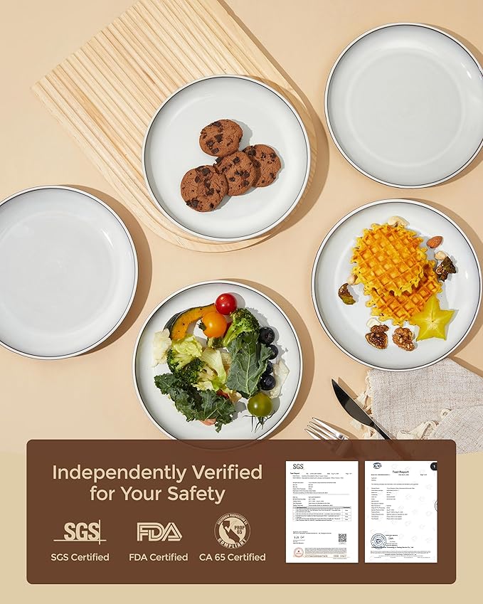 Salad Plates Set of 6, Microwave Safe Plates for Dessert, Appetizer, Scratch Resistant and Dishwasher Safe, Moonstone White