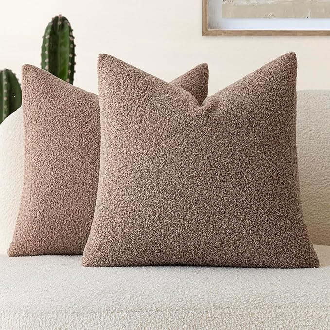 Foindtower Pack of 2, Curly Faux Fur Decorative Throw Pillow Covers Soft Fuzzy Plush Cushion Case with Zipper Cozy Pillowcase for Home Living Room Couch Bed Sofa 16 x 16 Inch, Chocolate