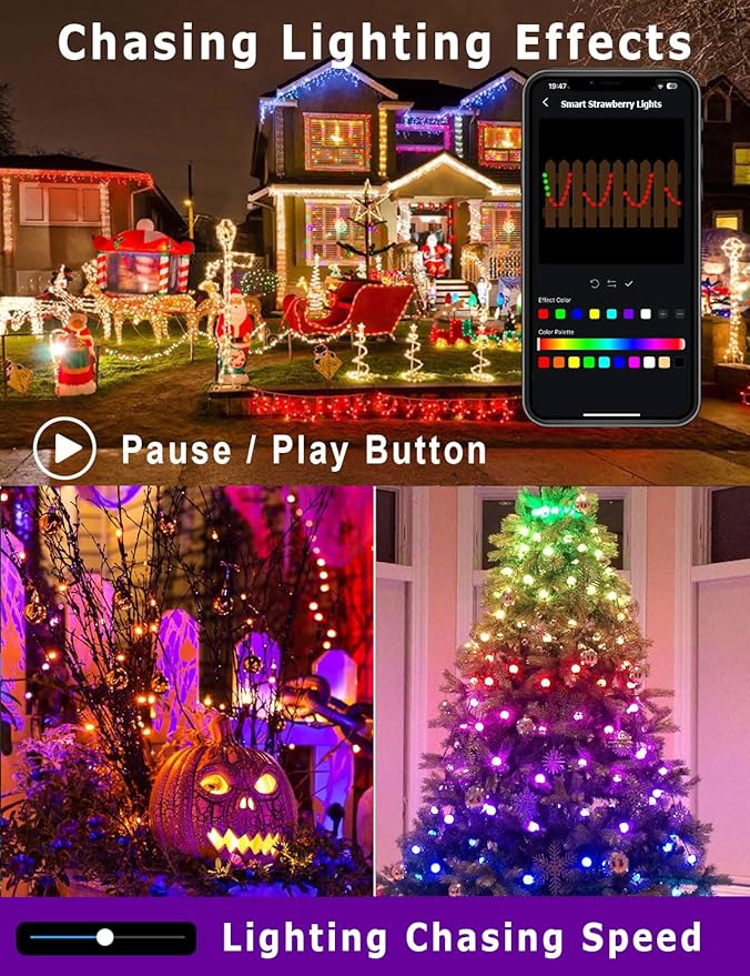HIITEN RGB C9 Christmas Lights Outdoor 157ft 200LEDs, DIY Chasing Effects Smart LED Christmas Lights, Bluetooth APP Remote Controlled Extendable Color Changing String Lighting with Timer Music Sync