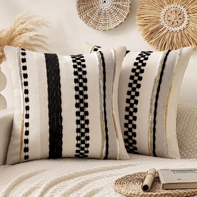 ANRODUO Pack of 2 Boho Decorative Throw Pillow Covers 18x18 Farmhouse Cushion Case Striped Chenille Pillow Cases Square Pillow Covers Accent Neutral Pillowcase for Sofa Couch Bed, Black Stripe