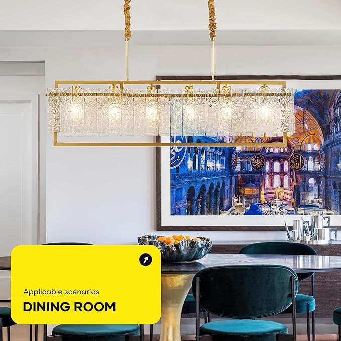 Modern Rectangle Gold Crystal Chandeliers for Dining Room, 6 Lights 44" Large Rectangular Water Ripple Glass Kitchen Island Light Fixture, Linear Farmhouse Pendant Light Fixture Over Table