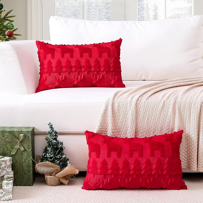 OTOSTAR Set of 2 Xmas Soft Plush Short Wool Velvet Decorative Throw Pillow Covers Rectangular Luxury Style Cushion Case Pillow Shell for Sofa Bedroom Christmas Tree and Elk Red, 16x24 Inch