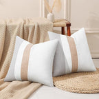 Adabana Set of 2 Linen Pillow Covers Decor Square Patchwork Throw Pillow Covers 18x18 Inch Farmhouse Cushion Covers Decorative Couch Bedroom Sofa Living Room,White