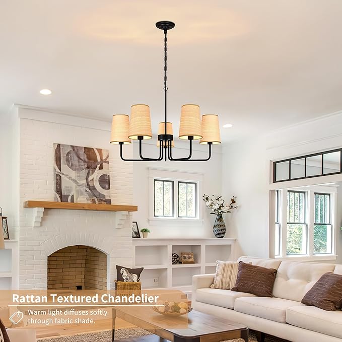 28" Black Boho Rattan Chandelier for Living Room 5-Light Coastal Farmhouse Chandeliers for Dining Room Adjustable Rustic Boho Pendant Light Fixture Bedroom Kitchen Island Entryway Foyer