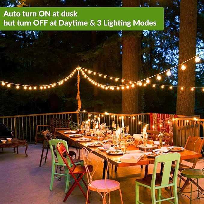 34FT G40 Solar String Lights, Globe Outdoor String Lights with 15 E12 Waterproof LED Bulbs, 2700K Shatterproof Patio Lights, Solar Powered Hanging Lights