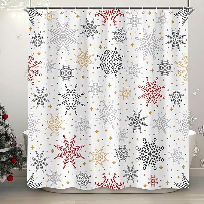 Winter Snowflakes Shower Curtain for Christmas Bathroom Decorations, Cute Xmas Snowflake Red Grey White Golden Shower Curtain Set, Fabric Silver Glitter Sparkle Merry Xmas Holiday Shower Curtain 72X72