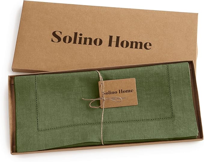 Solino Home Linen Olive Table Runner 132 Inches Long - 100% Pure Linen Extra Long Table Runner 14 x 132 Inch for Fall, Autumn, Thanksgiving - Classic Hemstitch