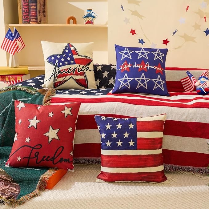 Patriotic Decor-Throw Pillow Covers 18x18 in Set of 4,4th of July Linen Pillow Case for Independence Day,Memorial Day,Veteran's Day,USA,American Summer Outdoor Red White Blue Decorations