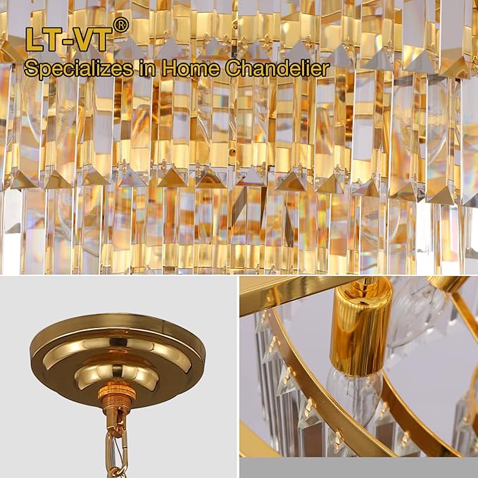 Gold Modern Style Crystal Chandeliers & LightsRound Hanging Classic, Pendant Ceiling Chandelier Lighting Fixture 5-Tier for Dining Room Living Room(Golden Orange,24 inch)
