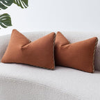 Decorative Neutral Linen Throw Pillow Covers 12x20 Inch Set of 2, Burnt Orange Boho Farmhouse Pillow Covers with Braid Fringe for Sofa Bed Modern Couch Pillow Cases for Organic Home Decor
