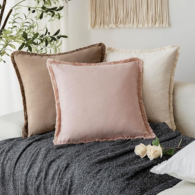Foindtower Set of 2 Decorative Linen Fringe Throw Pillow Covers Boho Farmhouse Cushion Cover with Tassels Soft Accent Pillowcase for Couch Chair Sofa Bed Living Room Home Decor,18×18 Inch,Dusty Pink