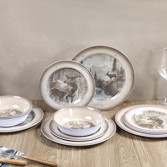 Melamine Dinnerware set for 4 - Dinner Plates Bowls Set 12 PCS Durable BPA Free Dishwasher Safe Shatter-Proof Chip Resistant for Indoor Outdoor, Deer