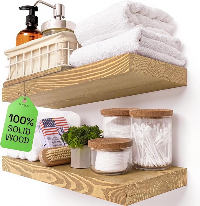 BAOBAB WORKSHOP Natural Wood Floating Shelves for Wall 16 inch - Floating Wall Shelves for Kitchen Bedroom - Wooden Bathroom Shelves - Floating Shelf - Oak Finish, 16" W x 6.7" D x 1.2”H
