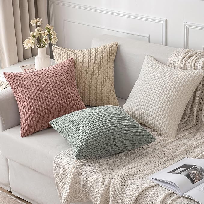 MIULEE Pack of 2 Decorative Throw Pillow Covers 18x18 Inch Soft Boho Striped Textured Corduroy Pillow Covers Modern Farmhouse Home Decor for Couch Bed Sofa Living Room Beige