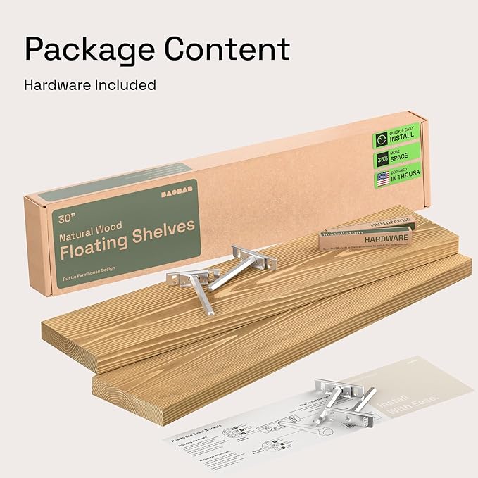 BAOBAB WORKSHOP Natural Wood Floating Shelves for Wall 30 Inches Long, Solid Wooden Shelf Large, Bathroom Shelves for Room Wall Mounted Kitchen Farmhouse, Oak Floating Shelf, 30W × 6.7D, Set of 2