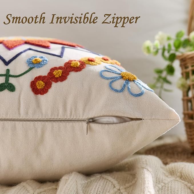 Embroidered Throw Pillow Cover 22x22 Classic Boho Floral Pattern Pillows Cover Outdoor Decorative Pillowcase,Durable Cozy Textured Cushion Case for Sofa Couch Bed Living Room,Orange
