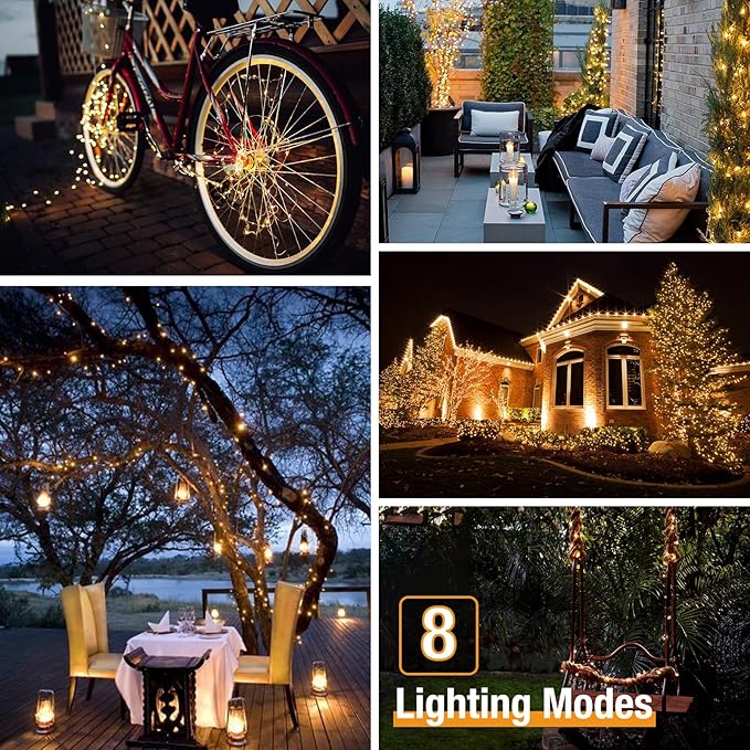 4 Pack Solar String Lights Outdoor - Total 320LED 132FT Solar Fairy Lights Waterproof 8 Modes, Copper Wire Solar Powered Twinkle Light for Outside Tree Garden Christmas Wedding Party Decor, Warm White