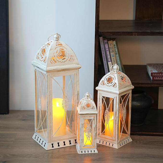 TRIROCKS Set of 3 Large Decorative Candle Lanterns 22''&16"&11" H Vintage Candle Holders for Garden Yard Patio Wedding Parties Events Christmas Indoors Outdoors(Beige with Gold Brush)