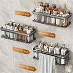 EVALAND Aluminum Shower Caddy, Adhesive Shower Shelves, 2-Pack with Hooks and Rod for Towels, No Drill Wall Mount Rustproof Premium Organizer for Bathroom, Kitchen, Black