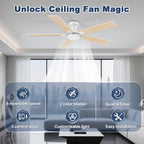 cumilo 52 inch Smart Low Profile Ceiling Fan with Lights Remote,Quite DC Motor,WIFI Voice Control via Alexa,Flush Mount Outdoor Indoor for Bedroom Living Room Patio Porch,5 Blades in White&Light Wood