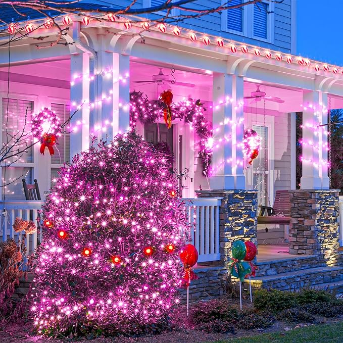 262FT 800 LED Christmas Lights, Plug in Christmas Tree Lights Outdoor with Timer and 8 Modes, Green Wire Waterproof String Light for Indoor House Yard Patio Wedding Decorations, Pink