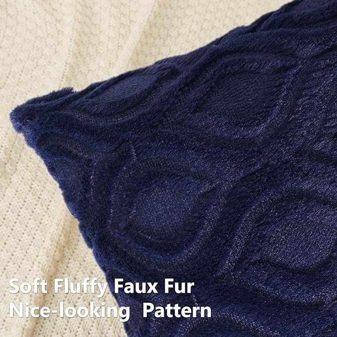 decorUhome Fall Throw Pillow Covers 18x18 Inch Set of 2, Soft Plush Decorative Faux Fur Navy Blue Solid Couch Pillow Covers, Accent Farmhouse Neutral Square Euro Pillow Cases for Sofa Bed Living Room