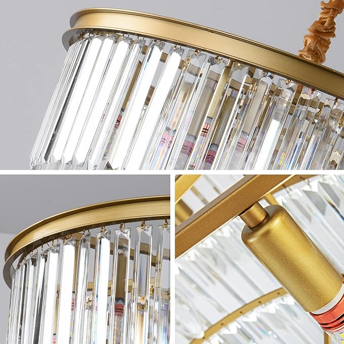 Gold Modern Crystal Chandelier, 2-Tier Round Flush Mount Ceiling Light Fixtures Height Adjustable Pendant Lighting for Dining Room Living Room Bedroom Kitchen Hotel Foyer