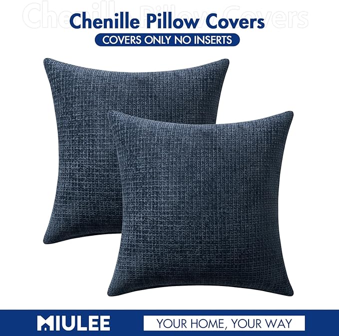 MIULEE Pack of 2 Couch Throw Pillow Covers 16x16 Inch Coastal Navy Blue Modern Boho Accent Decorative Pillow Covers Soft Chenille Farmhouse Cushion Covers for Home Decor Bed Sofa Living Room