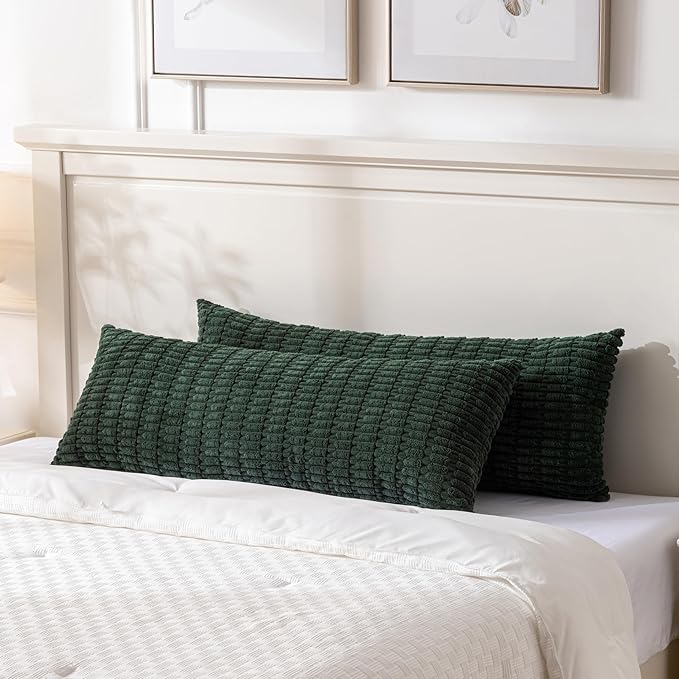 Fancy Homi Dark Green Long Body Lumbar Decorative Throw Pillow Covers 20x54 Inch for Bed Couch Bedroom Bench, Soft Corduroy Rectangle Solid Pillow Case 50x137 cm, Rustic Farmhouse Boho Room Decor