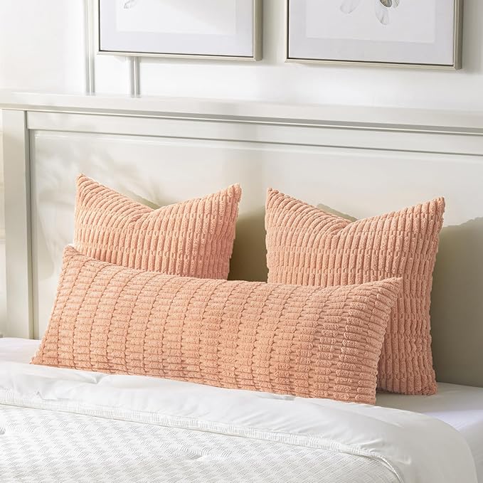 Fancy Homi Peach Long Body Lumbar Lumbar Decorative Throw Pillow Covers 14x36 Inch for Bed Couch Bedroom Bench, Soft Corduroy Rectangle Solid Pillow Case, Rustic Farmhouse Boho Room Decor