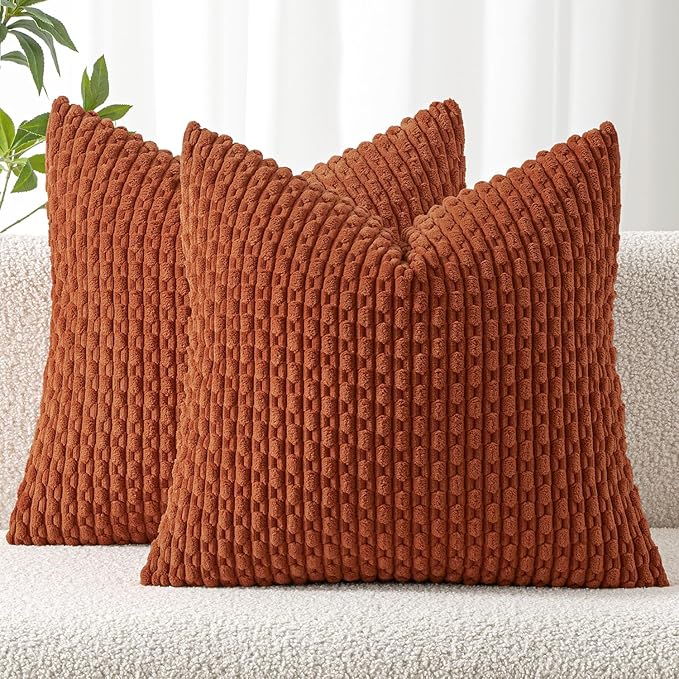 MIULEE Rust Throw Pillow Covers Soft Corduroy Decorative Set of 2 Boho Striped Pillow Covers Pillowcases Farmhouse Home Decor for Couch Bed Sofa Living Room 18x18 Inch
