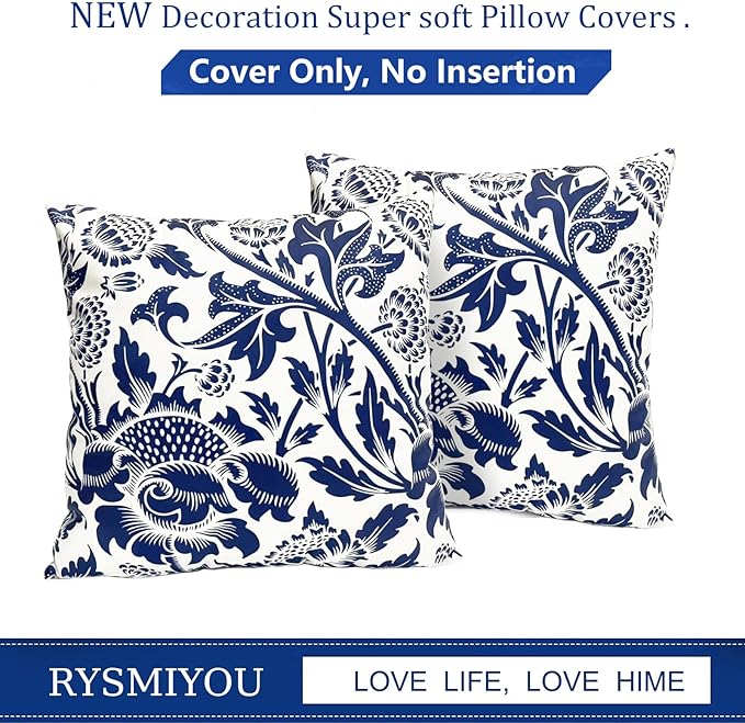 Decorative Throw Pillow Covers Set of 2 Blue Pillow Covers 20x20 inch Short Plush Square Pillows Cover Floral Throw Pillows,Farmhouse Outdoor Pillow Covers for Couch Sofa Bed Living Room
