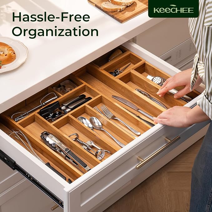 Carbonized Bamboo Kitchen Drawer Organizer, 10 Slots Expandable Silverware Organizer, Utensil Holder & Cutlery Tray, 2.2" Deep for Extra Capacity, Non-Slip Feet Included