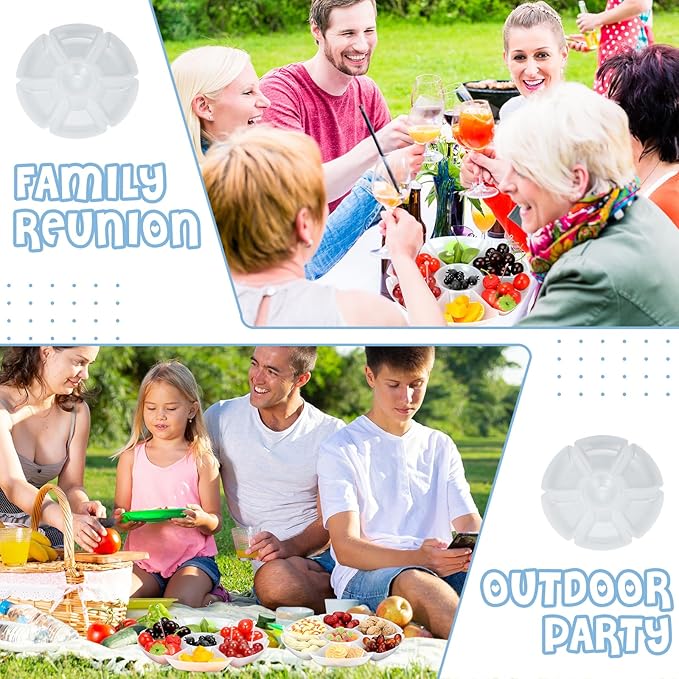 Zhehao 6 Pcs Plastic Divided Serving Trays with 60 Pcs Disposable Fork, 7 Compartments Round Chip Dip Plate, Petal Shape Platter, 10.6'' Snacks Serving Dish for Party Candy Nuts Fruits (White)