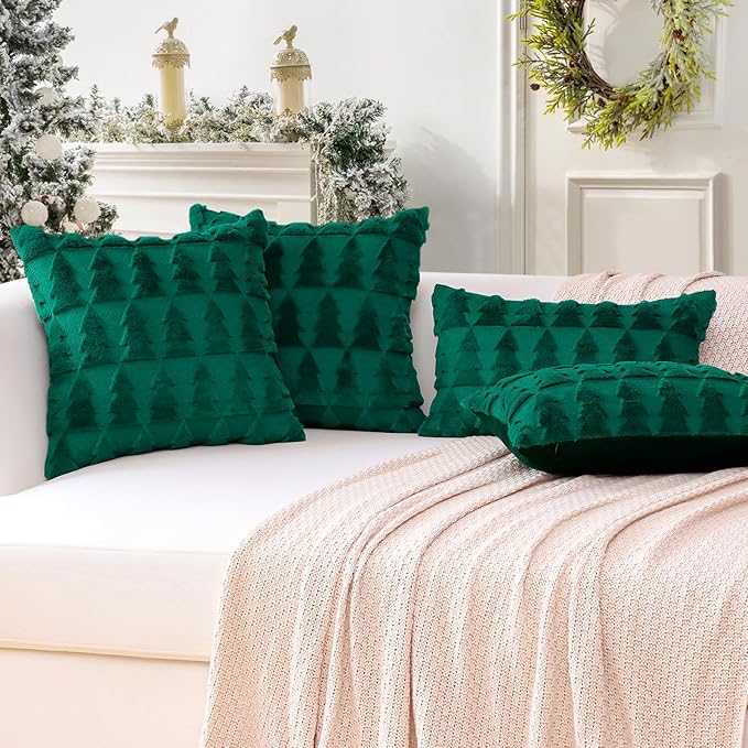 OTOSTAR Set of 2 Xmas Soft Plush Short Wool Velvet Decorative Throw Pillow Covers Square Luxury Style Cushion Case Pillow Shell for Sofa Bedroom Christmas Tree Green, 28x28 Inch