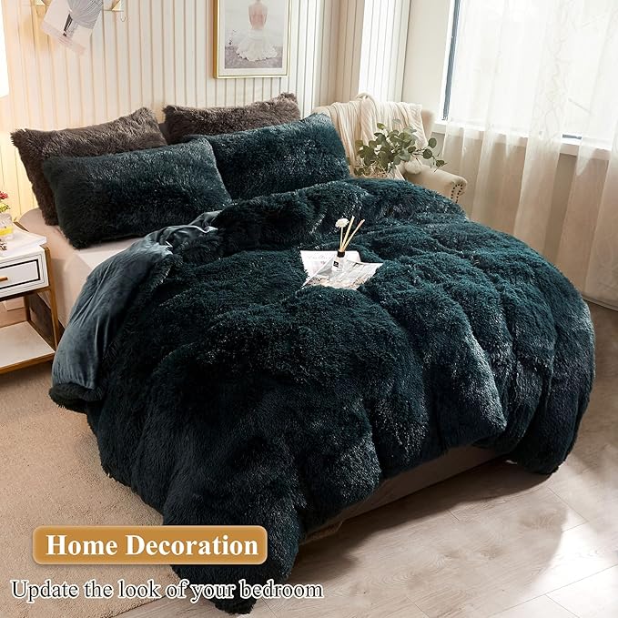 XeGe Faux Fur Throw Pillow Cases, Plush Shaggy Ultra Soft Pillow Covers, Fluffy Crystal Velvet Decorative Pillowcases, Furry Fuzzy Pillow Shams Zipper Closure, Set of 2 (King, Dark Green)