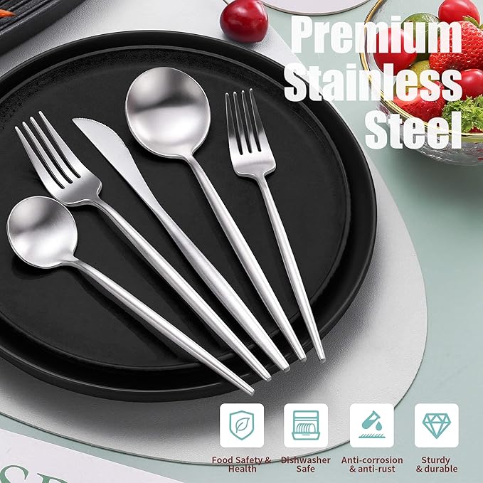 Lemeya Matte Silverware Set for 4,Modern Stainless Steel Brushed Cutlery Set,20-Pieces Heavy Duty Flatware Set,Knives Spoons and Forks Set Utensils Set, Satin Finish, Dishwasher Safe