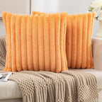 ZLINA Set of 2 Orange Faux Fur Decorative Throw Pillow Covers Fluffy Striped Pillowcase Cushion Covers 22 x 22 Inch Decor Sofa Couch Bedroom