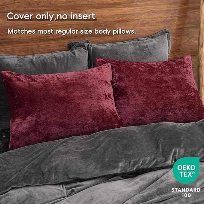 PHF Truly Velvet Pillowcases King Size, No Insert, 2 Pack Ultra Soft Breathable Pillow Shams Covers with Envelope Closure, 20" X 36" Luxury Cozy Warm Fuzzy Flannel, Wine Red