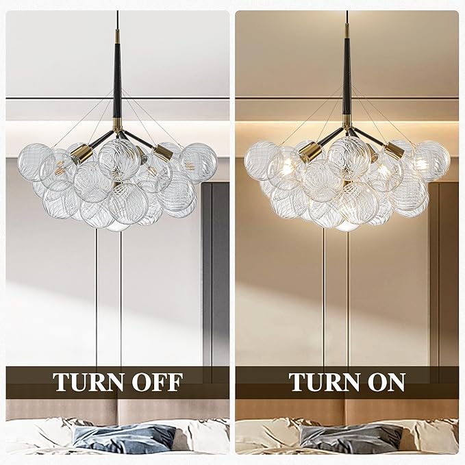 Longree Modern Bubble Ball Swirled Glass Chandelier, 24 inch Black and Gold Swirled Blown Glass Globe Cluster Ceiling Lights Fixture for Bedroom Study Restaurant