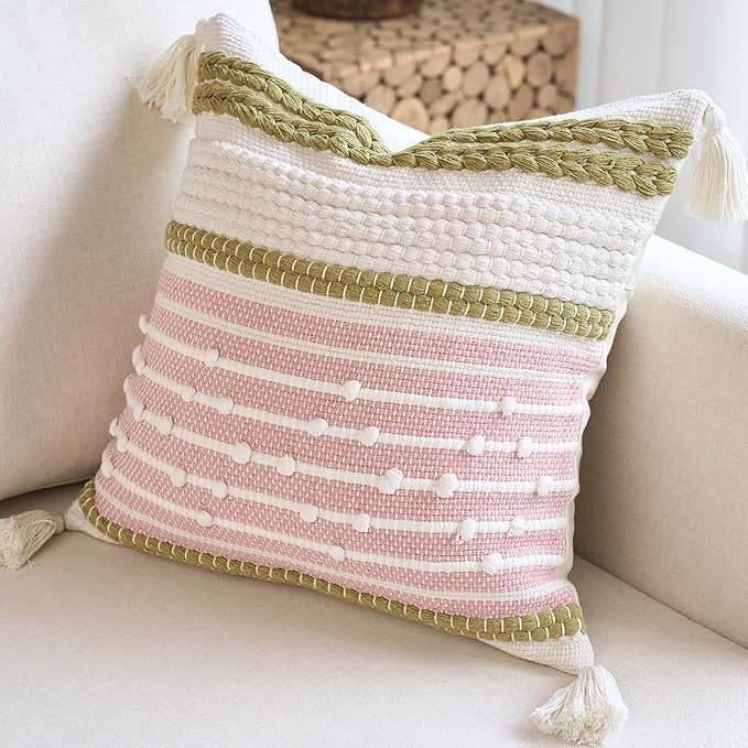 18x18 Boho Pink and Green Decorative Pillow Cover with Cording and Tassels Handmade Accent Woven Textured Square Throw Pillow Case for Couch Sofa Farmhouse Living Room Home Decor