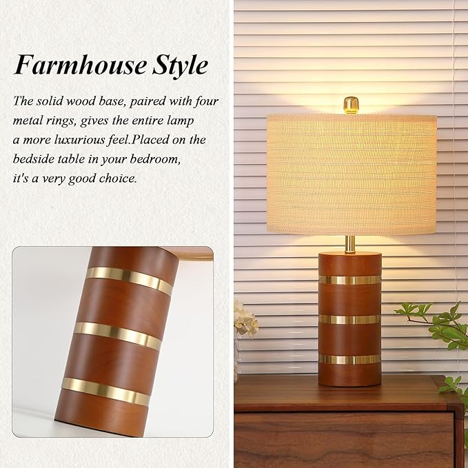 Farmhouse Table Lamp,Antique Nightstand Lamp,Rustic Wood Bedside Lamps for Bedroom Living Room Dining Table Patio Hallway Hotel,UL Listed,Bulbs Included,Set of 2