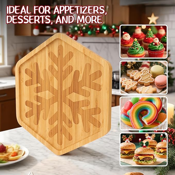 WILLKOMMEN Christmas Serving Tray, Bamboo Snowflake Shaped Serving Platter, Charcuterie Board Serving Dishes 10" x 9" for Party Cookie Fruit Tray Cheese Board Plate