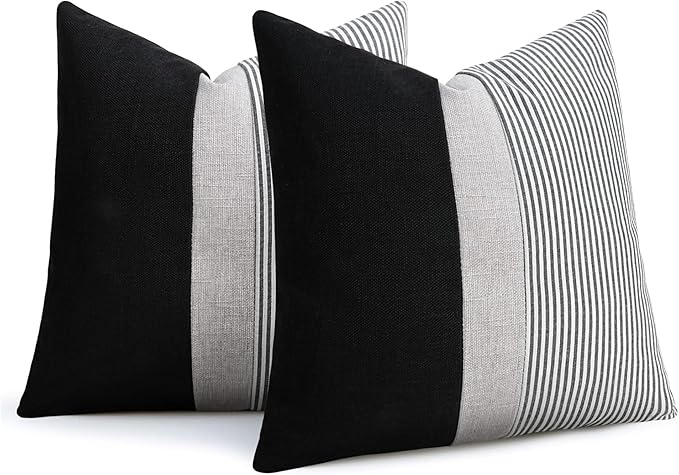 Adabana Stripe Pillow Covers 18x18 Set of 2 Square Patchwork Linen Decorative Lumbar Throw Pillow Covers Modern Farmhouse Decor Pollowcases for Couch Sofa Bedroom,Black Stripe