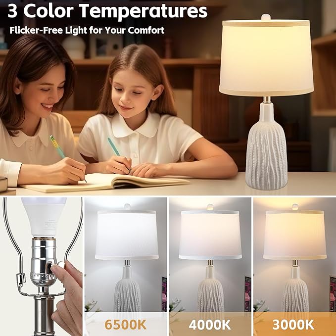 GRUENLICH Ceramic Table Lamp Set of 2 for Nightstand, 22.5" Modern White Bedside Lamp with 3 Adjustable Color Temperature, Bedroom Light for Living Room Desk End Table Office (2 LED Bulbs Included)