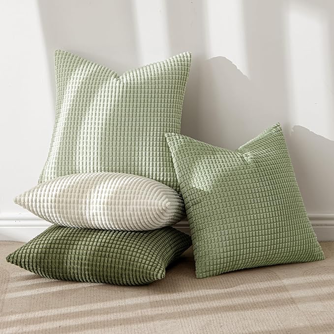 MIULEE Modern Farmhouse Decorative Lumbar Pillow Covers 20x20 Inch Set of 4 Natural Rustic Throw Pillows Neutral Warm Soft Corduroy Couch Pillowcases Home Decor for Sofa Living Room Bed Light Green