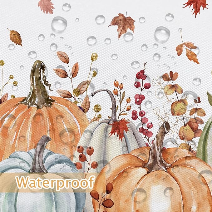Fall Pumpkin Boho Shower Curtain Set, Farmhouse Autumn Eucalyptus Leaves Thanksgiving Harvest Shower Curtain, Cute Seasonal Bathroom Curtain Yellow Teal Fall Bath Accessories with Hooks,72"X72"