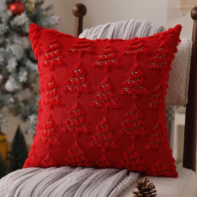 Christmas Pillow Covers 18x18 inch Set of 2 Soft Plush Faux Fur Christmas Decor Red Xmax Tree Yellow Colored Lights Decoration Throw Pillow Case for Winter Holiday Sofa Living Room PT003B18
